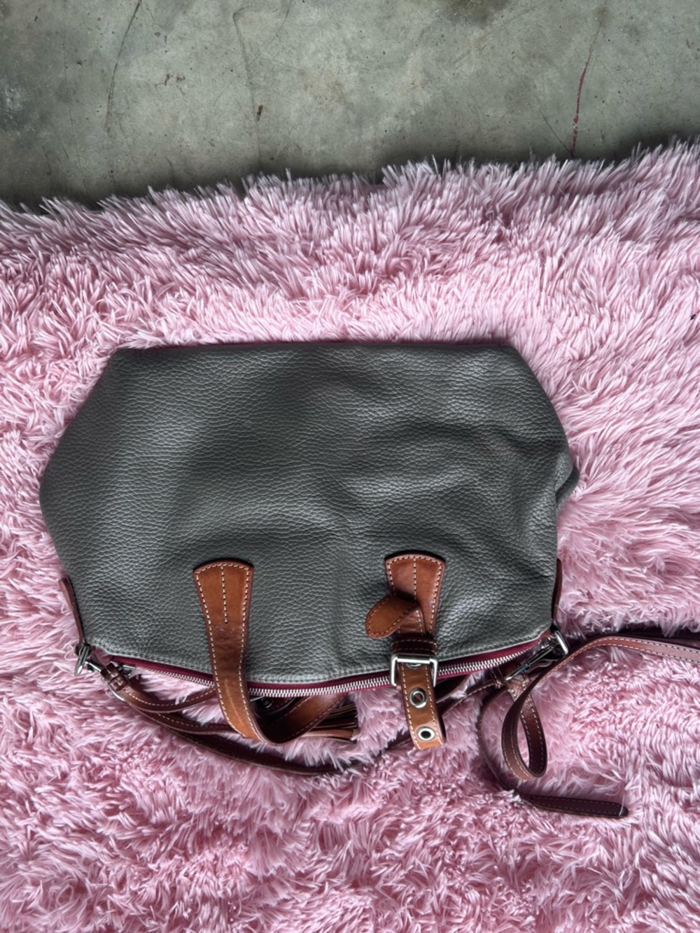 Dooney & Bourke Gray Leather Shoulder Bag with Brown Trim